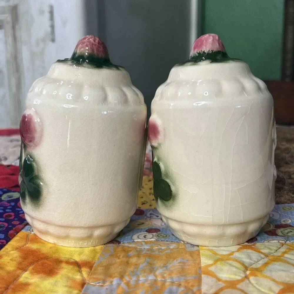 Vtg Brush McCoy Three Leaf Clover Art Deco Salt & Pepper Shaker Set 1940s